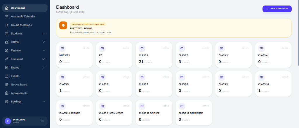 TechForest School ERP Dashboard Screenshot